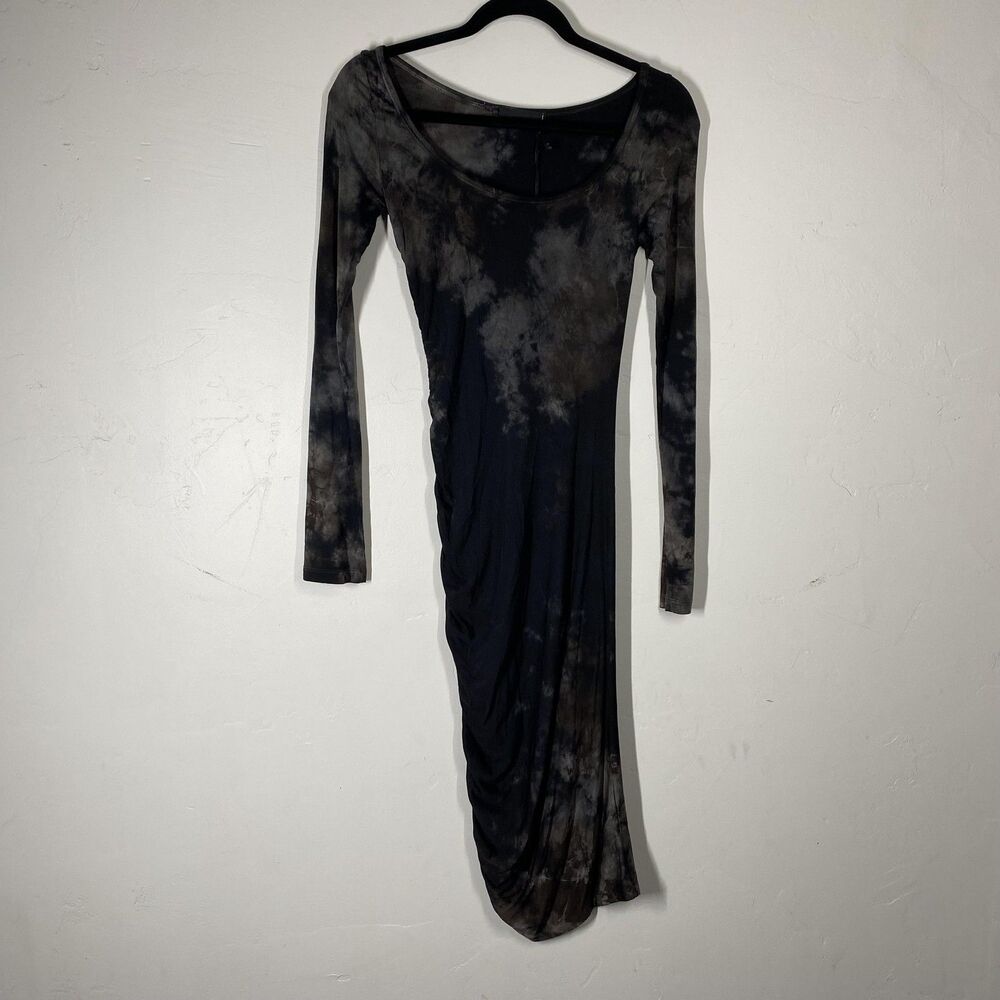 Maj Dress Womens XS Black Tie Dye Long Sleeve Bodycon Midi Ruched Scoop Neck